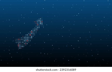 On the left is the up arrow symbol filled with white dots. Background pattern from dots and circles of different shades. Vector illustration on blue background with stars