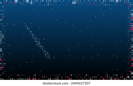 Auf der linken Seite ist das künstlerische Pinsel-Symbol mit weißen Punkten gefüllt. Pointillismus. Abstrakte futuristische Rahmen von Punkten und Kreisen. Einige Punkte sind rosa. Vektorillustration auf blauem Hintergrund mit Sternen