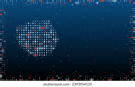 On the left is the aspen leaf symbol filled with white dots. Pointillism style. Abstract futuristic frame of dots and circles. Some dots is red. Vector illustration on blue background with stars