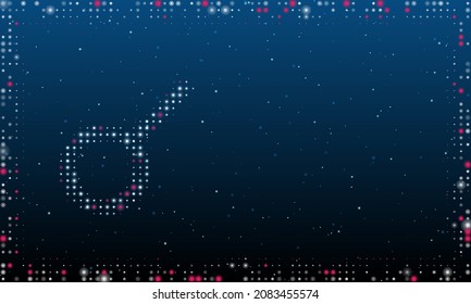 Auf der linken Seite befindet sich das Astrologische Verbindungssymbol, das mit weißen Punkten gefüllt ist. Abstrakter futuristischer Rahmen von Punkten und Kreisen. Vektorgrafik auf blauem Hintergrund mit Sternen