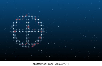 On the left is the astrological earth symbol filled with white dots. Background pattern from dots and circles of different shades. Vector illustration on blue background with stars