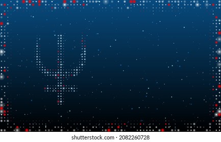 On the left is the astrological neptune symbol filled with white dots. Abstract futuristic frame of dots and circles. Vector illustration on blue background with stars