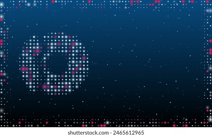On the left is the auto brakes symbol filled with white dots. Pointillism style. Abstract futuristic frame of dots and circles. Some dots is pink. Vector illustration on blue background with stars