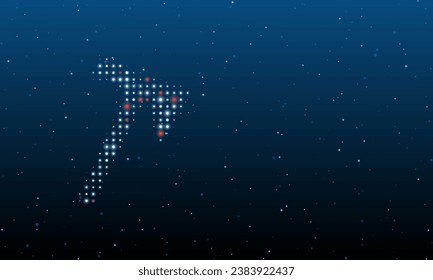 A la izquierda está el símbolo del hacha relleno de puntos blancos. Patrón de fondo de puntos y círculos de diferentes matices. Ilustración vectorial sobre fondo azul con estrellas