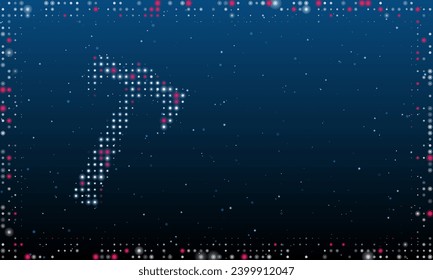 On the left is the axe symbol filled with white dots. Pointillism style. Abstract futuristic frame of dots and circles. Some dots is pink. Vector illustration on blue background with stars