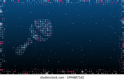 On the left is the baby rattle symbol filled with white dots. Pointillism style. Abstract futuristic frame of dots and circles. Some dots is pink. Vector illustration on blue background with stars
