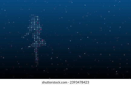 On the left is the ballerina symbol filled with white dots. Background pattern from dots and circles of different shades. Vector illustration on blue background with stars