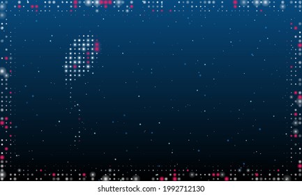 On the left is the balloon symbol filled with white dots. Pointillism style. Abstract futuristic frame of dots and circles. Some dots is pink. Vector illustration on blue background with stars