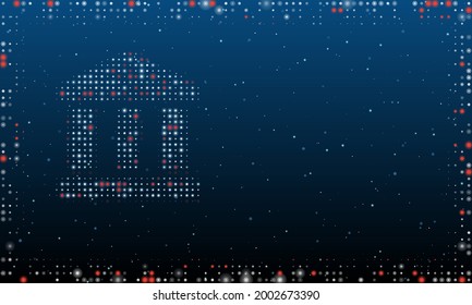 On the left is the bank symbol filled with white dots. Pointillism style. Abstract futuristic frame of dots and circles. Some dots is red. Vector illustration on blue background with stars