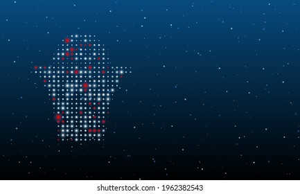 On the left is the basketball symbol filled with white dots. Background pattern from dots and circles of different shades. Vector illustration on blue background with stars
