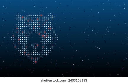 On the left is the bear head symbol filled with white dots. Background pattern from dots and circles of different shades. Vector illustration on blue background with stars