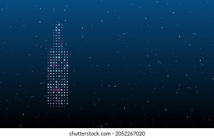 On the left is the beer bottle symbol filled with white dots. Background pattern from dots and circles of different shades. Vector illustration on blue background with stars