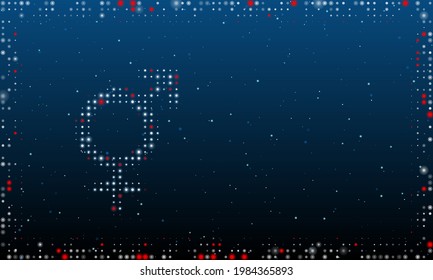 On the left is the bigender symbol filled with white dots. Pointillism style. Abstract futuristic frame of dots and circles. Some dots is red. Vector illustration on blue background with stars