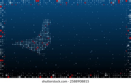 On the left is the bird pigeon symbol filled with white dots. Pointillism style. Abstract futuristic frame of dots and circles. Some dots is red. Vector illustration on blue background with stars