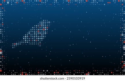 On the left is the bird sparrow symbol filled with white dots. Pointillism style. Abstract futuristic frame of dots and circles. Some dots is red. Vector illustration on blue background with stars