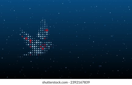 On the left is the bird symbol filled with white dots. Background pattern from dots and circles of different shades. Vector illustration on blue background with stars