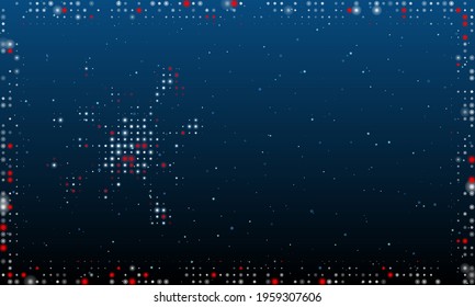On the left is the blot symbol filled with white dots. Pointillism style. Abstract futuristic frame of dots and circles. Some dots is red. Vector illustration on blue background with stars