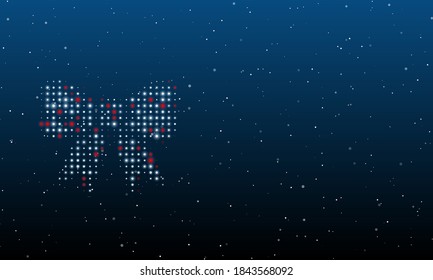 On the left is the bow symbol filled with white dots. Background pattern from dots and circles of different shades. Some dots is red. Vector illustration on blue background with stars