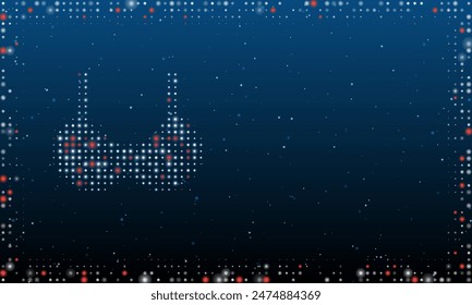A la izquierda está el símbolo del sujetador lleno de puntos blancos. Estilo puntillismo. Abstractas marco futurista de puntos y círculos. Algunos puntos son rojos. Ilustración vectorial sobre fondo azul con estrellas
