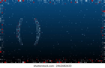On the left is the brackets symbol filled with white dots. Pointillism style. Abstract futuristic frame of dots and circles. Some dots is red. Vector illustration on blue background with stars