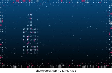 On the left is the a branch in a bottle symbol filled with white dots. Abstract futuristic frame of dots and circles. Vector illustration on blue background with stars