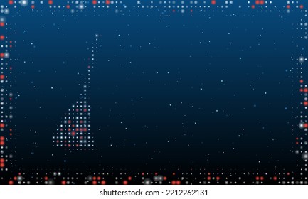 A la izquierda está el símbolo de escoba lleno de puntos blancos. Estilo de puntillismo. Resumen marco futurista de puntos y círculos. Algunos puntos son rojos. Ilustración vectorial sobre fondo azul con estrellas