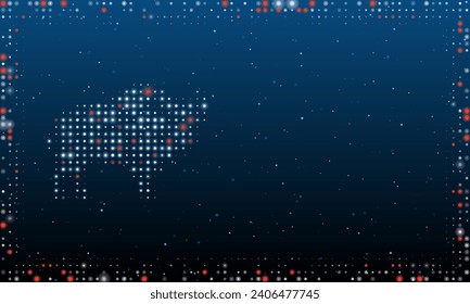 On the left is the buffalo symbol filled with white dots. Pointillism style. Abstract futuristic frame of dots and circles. Some dots is red. Vector illustration on blue background with stars