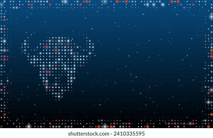 On the left is the buffalo symbol filled with white dots. Pointillism style. Abstract futuristic frame of dots and circles. Some dots is red. Vector illustration on blue background with stars