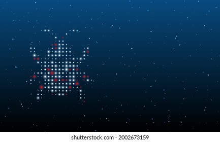 On the left is the bug symbol filled with white dots. Background pattern from dots and circles of different shades. Vector illustration on blue background with stars