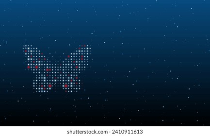 On the left is the butterfly symbol filled with white dots. Background pattern from dots and circles of different shades. Vector illustration on blue background with stars