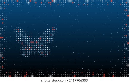 On the left is the butterfly symbol filled with white dots. Pointillism style. Abstract futuristic frame of dots and circles. Some dots is red. Vector illustration on blue background with stars