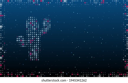 A la izquierda está el símbolo del cactus relleno de puntos blancos. Estilo de puntillismo. Resumen marco futurista de puntos y círculos. Algunos puntos son rosas. Ilustración vectorial sobre fondo azul con estrellas
