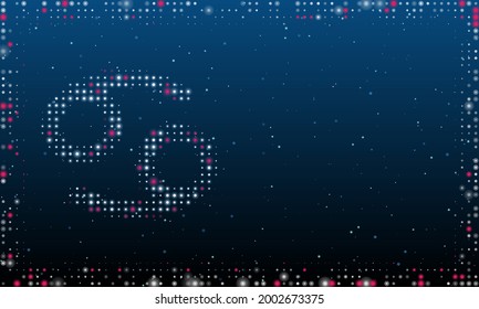 On the left is the cancer zodiac symbol filled with white dots. Pointillism style. Abstract futuristic frame of dots and circles. Some dots is pink. Vector illustration on blue background with stars