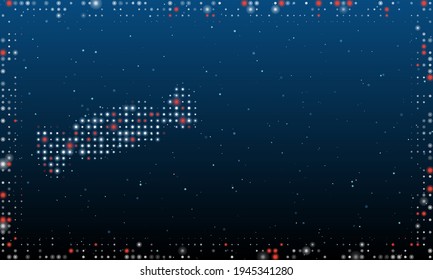 On the left is the candy symbol filled with white dots. Pointillism style. Abstract futuristic frame of dots and circles. Some dots is red. Vector illustration on blue background with stars