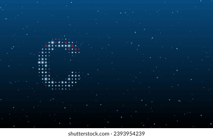 On the left is the capital letter C symbol filled with white dots. Background pattern from dots and circles of different shades. Vector illustration on blue background with stars