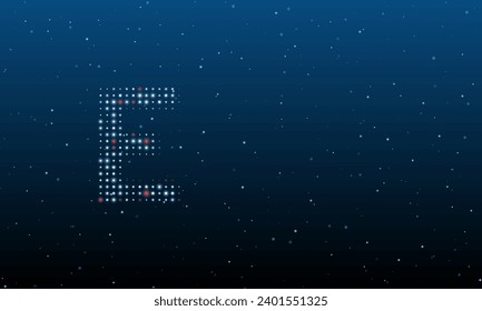 On the left is the capital letter E symbol filled with white dots. Background pattern from dots and circles of different shades. Vector illustration on blue background with stars