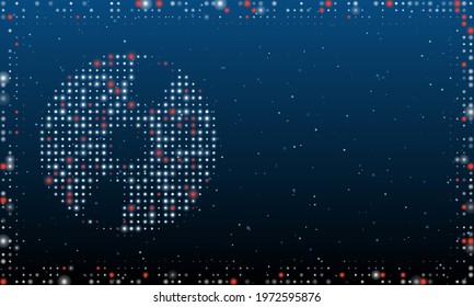 On the left is the cd symbol filled with white dots. Pointillism style. Abstract futuristic frame of dots and circles. Some dots is red. Vector illustration on blue background with stars