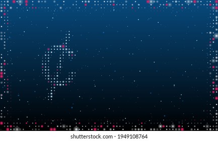 On the left is the cent symbol filled with white dots. Pointillism style. Abstract futuristic frame of dots and circles. Some dots is pink. Vector illustration on blue background with stars