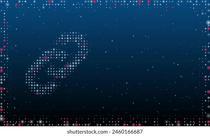 On the left is the chain symbol filled with white dots. Pointillism style. Abstract futuristic frame of dots and circles. Some dots is pink. Vector illustration on blue background with stars