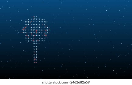 On the left is the chamomile symbol filled with white dots. Background pattern from dots and circles of different shades. Vector illustration on blue background with stars