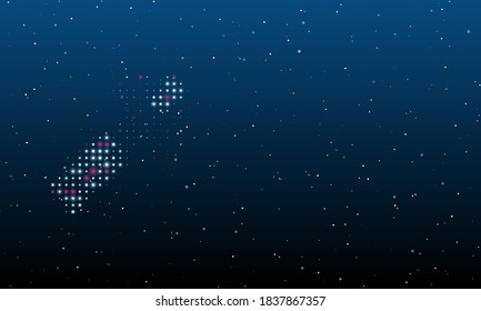 On the left is the champagne opening symbol filled with white dots. Background pattern from dots and circles of different shades. Some dots is pink. Vector illustration on blue background with stars