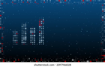 On the left is the chart line symbol filled with white dots. Pointillism style. Abstract futuristic frame of dots and circles. Some dots is red. Vector illustration on blue background with stars