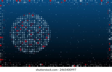 On the left is the checker game symbol filled with white dots. Pointillism style. Abstract futuristic frame of dots and circles. Some dots is red. Vector illustration on blue background with stars