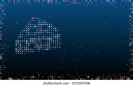 On the left is the cheese symbol filled with white dots. Pointillism style. Abstract futuristic frame of dots and circles. Some dots is red. Vector illustration on blue background with stars