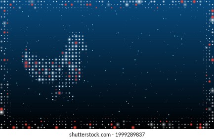 On the left is the chicken symbol filled with white dots. Pointillism style. Abstract futuristic frame of dots and circles. Some dots is red. Vector illustration on blue background with stars