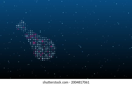On the left is the chicken's leg symbol filled with white dots. Background pattern from dots and circles of different shades. Vector illustration on blue background with stars