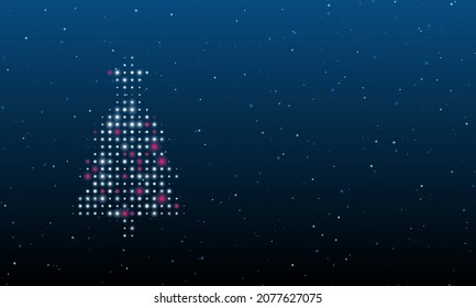 On the left is the Christmas tree symbol filled with white dots. Background pattern from dots and circles of different shades. Vector illustration on blue background with stars