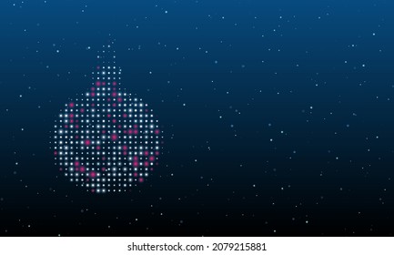 On the left is the Christmas tree toy symbol filled with white dots. Background pattern from dots and circles of different shades. Vector illustration on blue background with stars