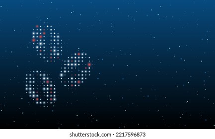 Links ist das Symbol für Kaffeebohnen, gefüllt mit weißen Punkten. Hintergrundmuster aus Punkten und Kreisen verschiedener Farben. Vektorgrafik auf blauem Hintergrund mit Sternen