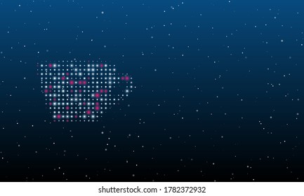 On the left is the coffee cup symbol filled with white dots. Background pattern from dots and circles of different shades. Some dots is pink. Vector illustration on blue background with stars